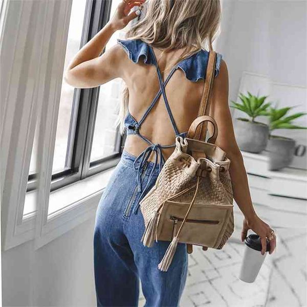 

blue denim overalls jumpsuit rompers women ruffles backless summer 2021 new lady casual fashion female pants jeans kalenmos, Black;white