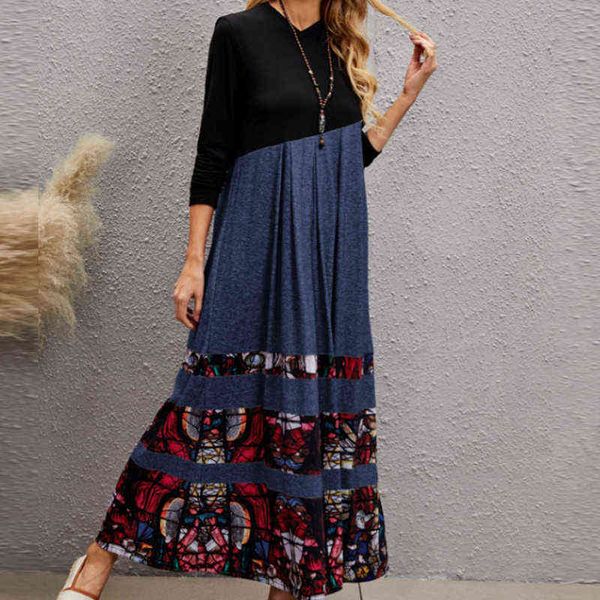 

autumn new retro ladies dress women fashion patchwork floral printed long sleeve dresses casual loose v neck high waist dress y1204, Black;gray