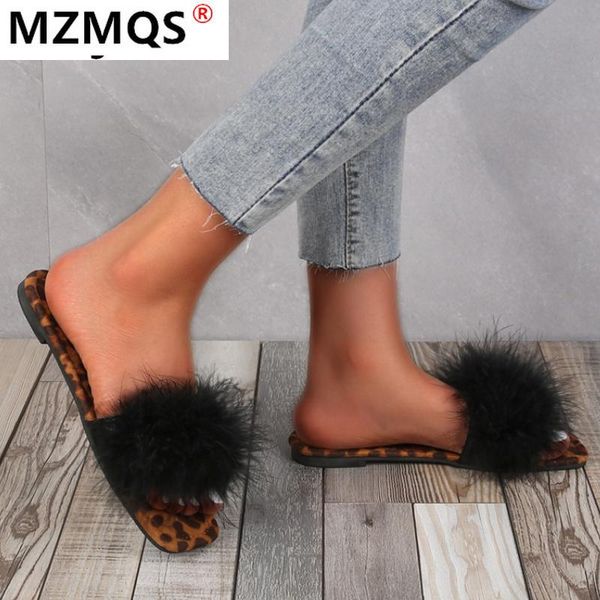 

sandals summer flip-flops women 2021 flat slippers open toe outdoor beach cute hair ball fashion plus size 43, Black