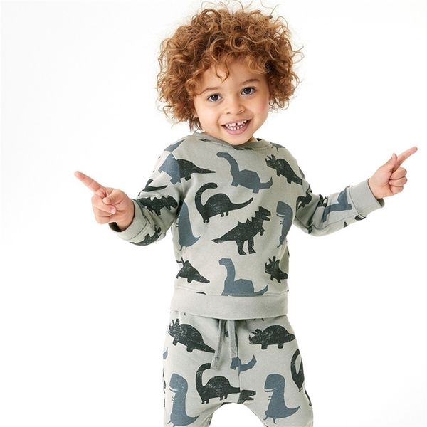 Little Maven Primavera e Outono Camisola Cinzenta Camisa Com Dinossauro para Bebê Meninos 100% Algodão Grande Rapaz Roupas Macios 211111