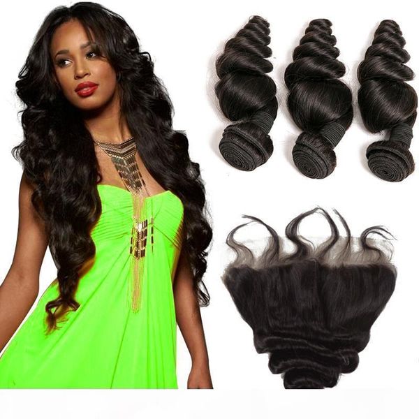 

msjoli brazilian peruvian loose wave bundles with frontal closure 10a remy human hair weave extension pre plucked lace frontal with bundles, Black;brown