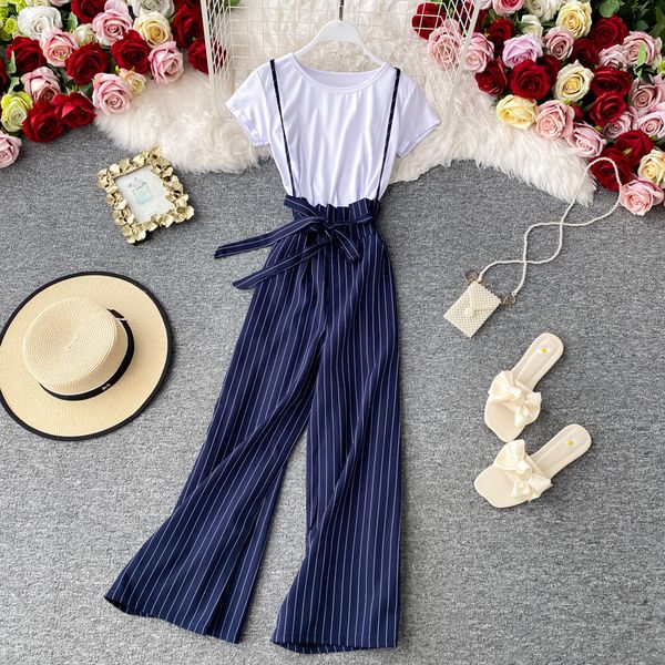 

2021 new jumpsuits outfit women elegant office two piece sets summer short sleeve white t shirts and stripe playsuit pants 2 pcs suits y8y4, Gray