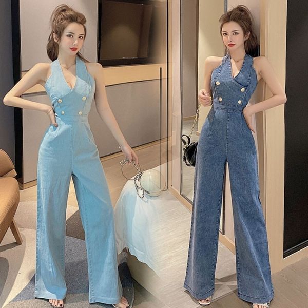 Mulheres Moda Denim Jumpsuits Summer Sexy Halter Backless Cintura Alta Pé Lega Calças Casuais Slim Jumpsuits 210317