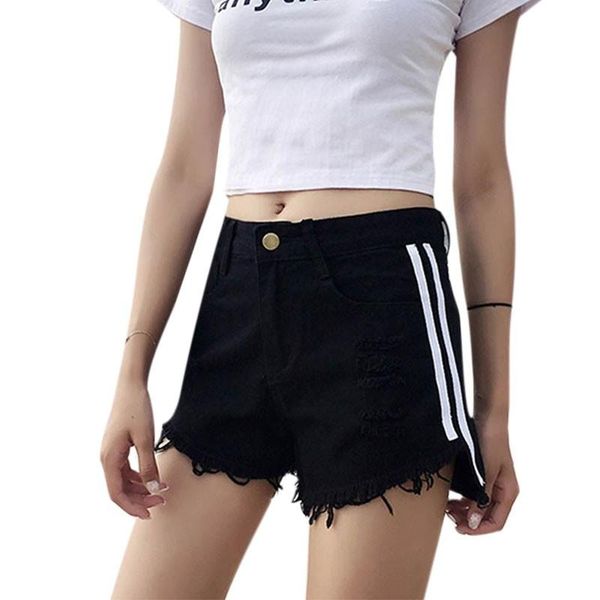 

women's shorts denim multi-color look thin high waist side stripe for summer, White;black
