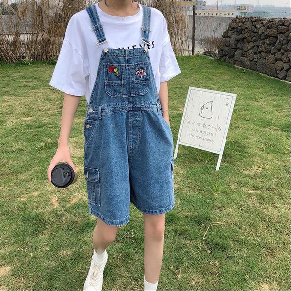 

summer korean preppy style women jeans jumpsuit denim overalls pocket casual girls cartoon embroidery shorts womens kz582, Blue