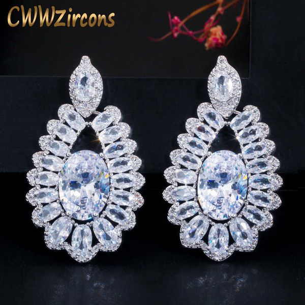 

sparkling oval cz white crystal silver color big dangle drop earrings for women evening dinner party jewelry cz638 210714