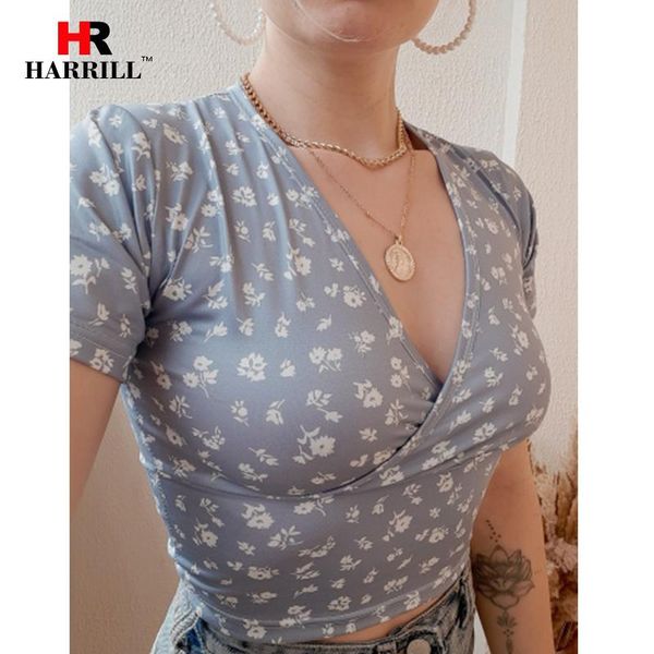 

women's t-shirt high street trend women tee-shirt cross deep v cropped floral print korean tshirt ladies short sleeve skinny cloth, White