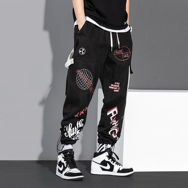 

men's pants 2021 spring and autumn drawstring trousers net red loose hip-hop nine-point trend sports leisure overalls, Black