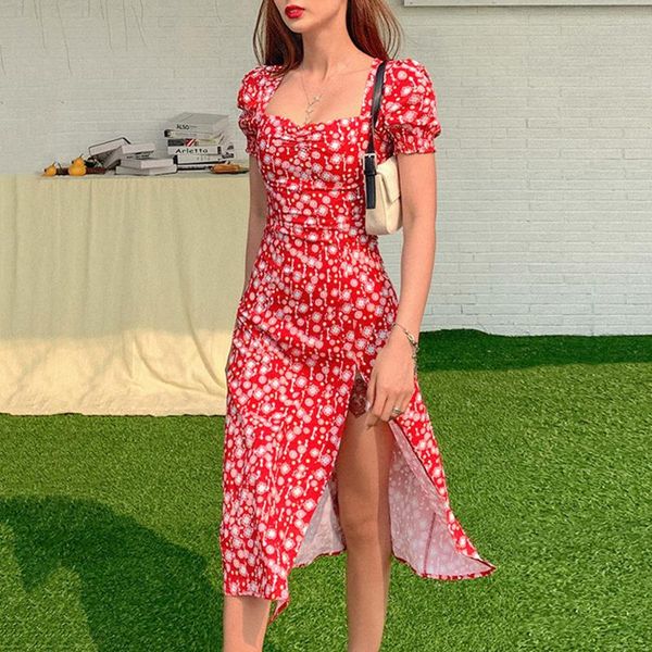 

women's swimwear summer dress women vintage party floral lady france style puff sleeve print square collar side split midi prom, White;black