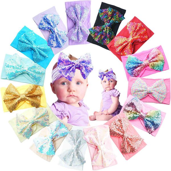 

15 colors super stretchy soft headbands with 5" bling sequins festival hair bows nylon head wrap for born baby girl elastic hairbands, Silver