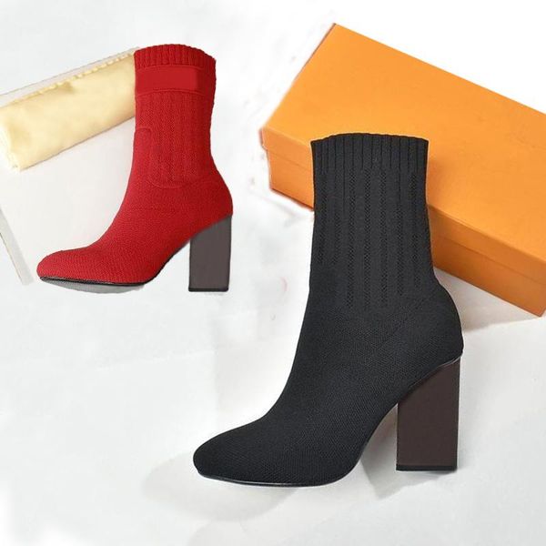 

autumn winter socks heeled heel boots fashion knitted elastic boot designer alphabetic women shoes lady letter thick high heels large size 3, Black