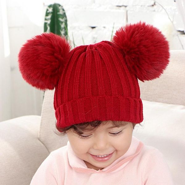 

beanies autumn winter 2021 thread multi-color and extra-large color matching double fur ball thermal windproof baby cap knitted