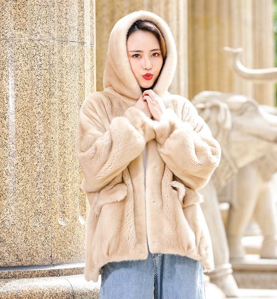 

women's fur & faux genuine mink jacket real coat with hood lady's garment wholesale retail oem, Black