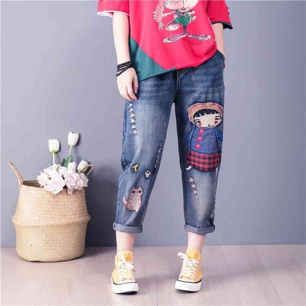 9180 Mulheres verão harem jeans cintura alta desenhos animados menina bordado rasgado vintage feminino solto casual tornozelo comprimento denim calças 210809