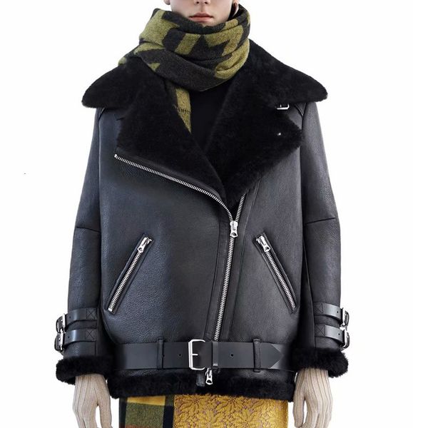 

2021 new winter women motorcycle veet jacket short lapels thick lamb fur coat female casual zipper pu leather overcoats xxk0, Black