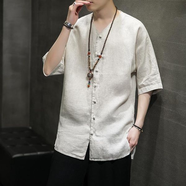 

ethnic clothing chinese style button linen t-shirt men's summer tang suit shirt loose large size japanese kimono men 30580, Red