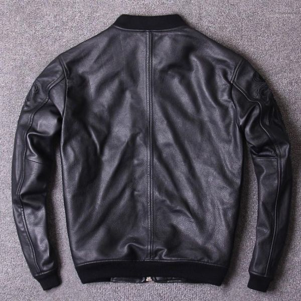 

men's leather & faux spring motorcycle chaqueta cuero hombre embroidery stand collar bomber jacket men hip hop cowhide genuine pilot co, Black