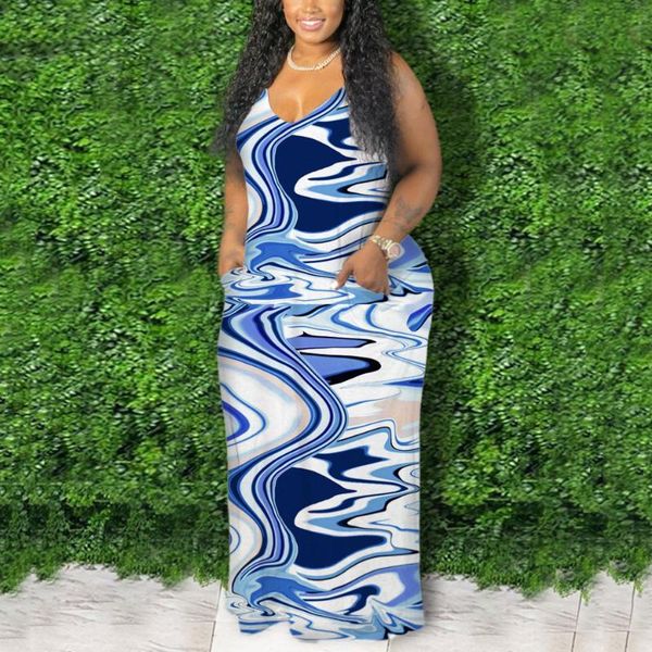 

casual dresses 4xl 5xl plus size dress women spaghetti strap blue printed sleeveless v neck floor length bodycon fashion long vestidos, Black;gray