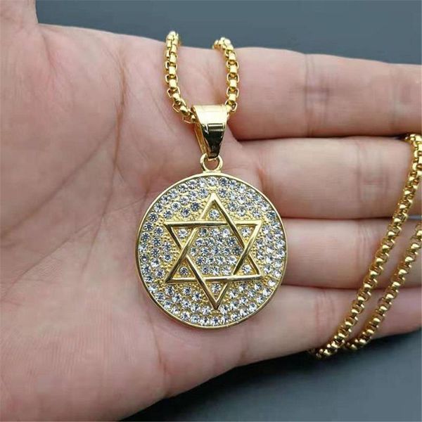 

pendant necklaces hip hop star of david necklace stainless steel iced out full cz round judaica israel jewish jewelry dropship, Silver