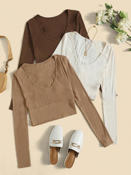 

3pcs solid scoop neck crop tee 74u9#, White