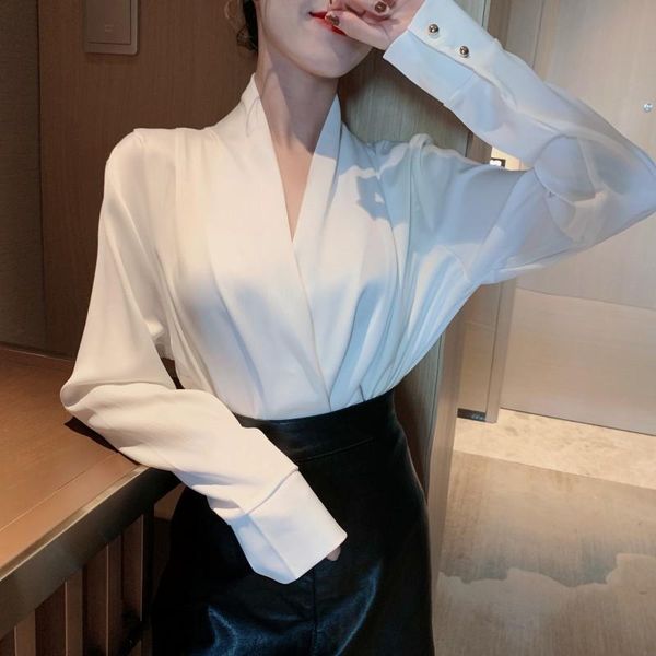 

women's blouses & shirts 2021 fashion v neck satin blouse shirt casual long sleeve button slim office lady elegant, White