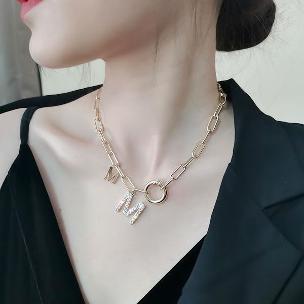 

chokers trendy punk style hip hop thick chain short necklace for woman m letter pendant neck korean fashion jewelry sweater, Golden;silver