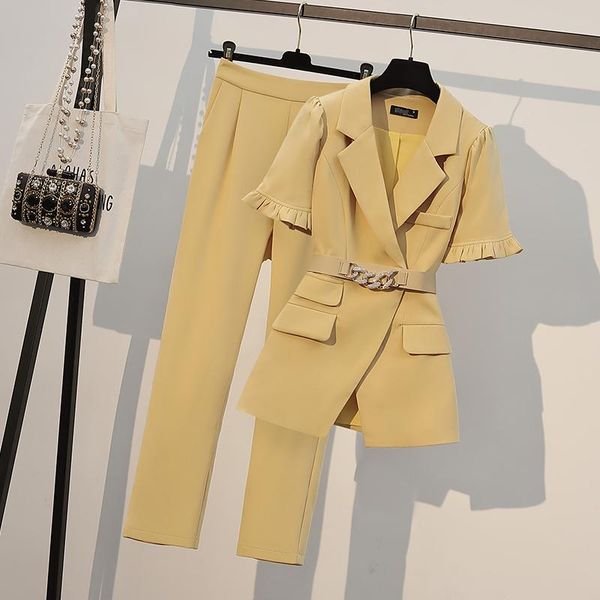 

women's two piece pants large size women blazer work suit jacket coat and pant professional slim 2021 ol summer clothes with belt, White