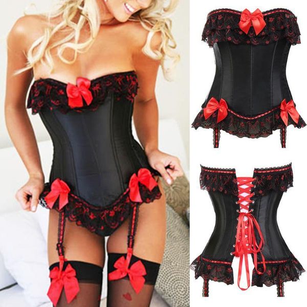 

bustiers & corsets steampunk overbust bustier corset waist trainer brocade jacquard gothic satin lace up suspenders g string, Black;white
