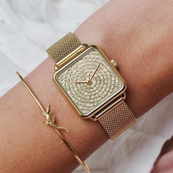 

wristwatches 2021 woman watch luxury fashion full crystal square watches mesh band quartz women gold relogio feminino, Slivery;brown