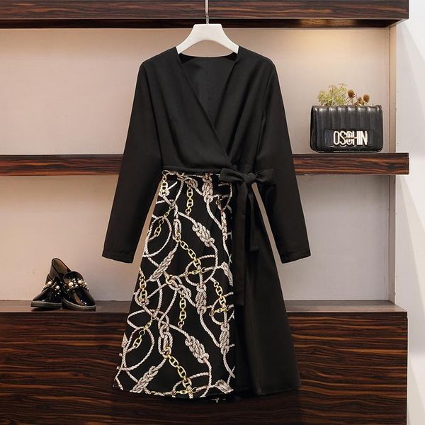

casual dresses 2021 autumn women black plus size dress long sleeve v-neck korean fashion elegant ladies party print mini clothes, Black;gray