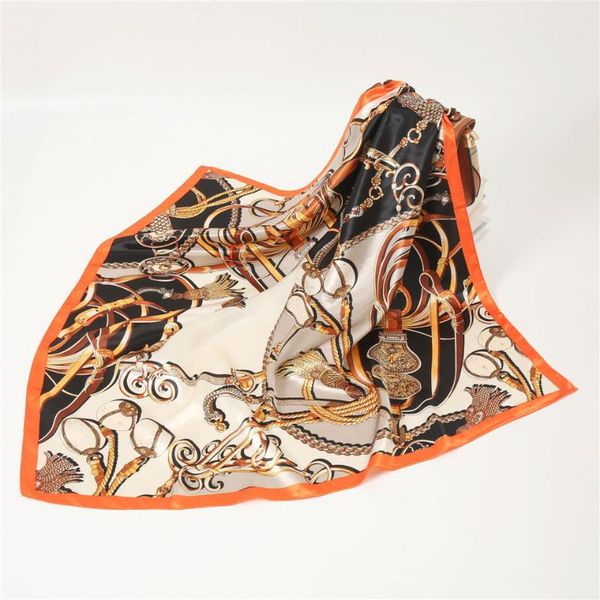 

scarves women silk scarf chain print square head shawls lady foulard satin hijab 90cm, Blue;gray