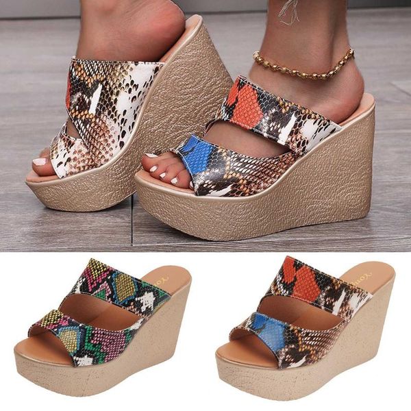 

sandals women high-heeled platform snake print sandalias slip-on shoes summer ankle strap slide slipper, Black