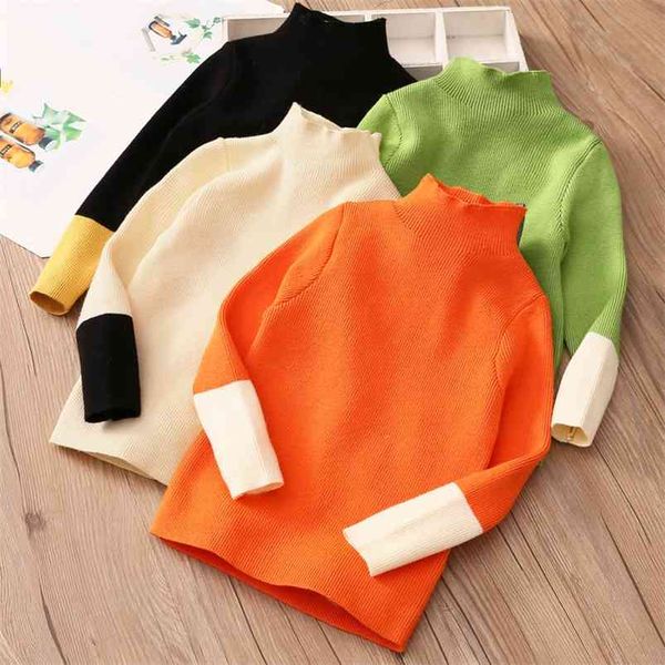 

casual autumn winter warm 2-10 years high neck knitted turtleneck color block patchwork sweater for baby kids girls 210625, Blue