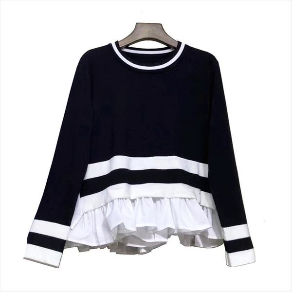 

women knitted black white patchwork sweaters pullovers long sleeve casual winter ruffle o neck chic m0270, White;black