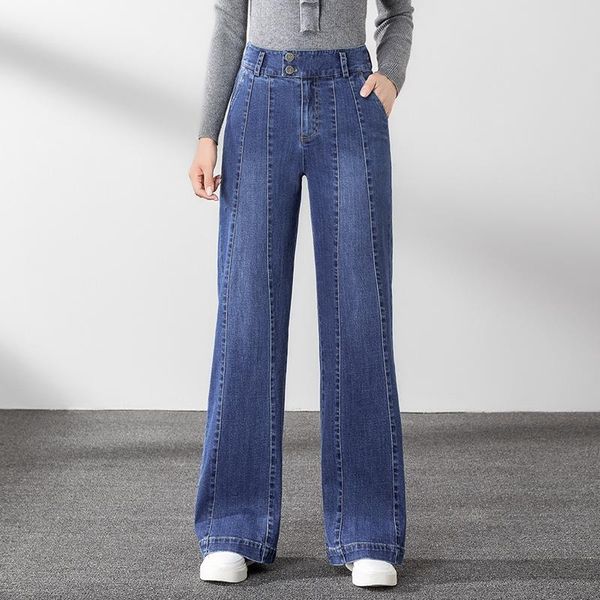 

women's jeans fashion spring women wide-leg pants korean high-waisted slim large size straight trousers for lady denim full longth, Blue