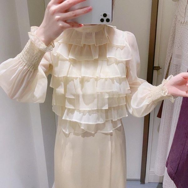 

women's blouses & shirts aesthetic stand collar long sleeve blousas elegant chic patchwork women autumn 2021 sweet drawsting bow, White