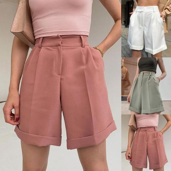 

women's shorts women casual solid color high waist pockets suit short trousers party pants, White;black