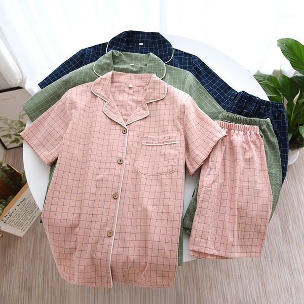 

men's sleepwear summer couple cotton home wear plaid print 2pcs pajama sets short sleeve shirt&shorts nightwear loose with pocket, Black;brown