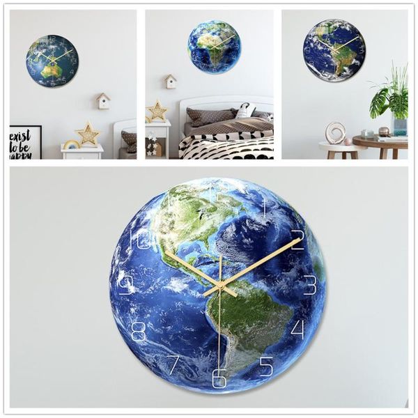 

night glowing earth clock wall in dark fluorescent luminous needle art horloge for kids room decoration living room home decor