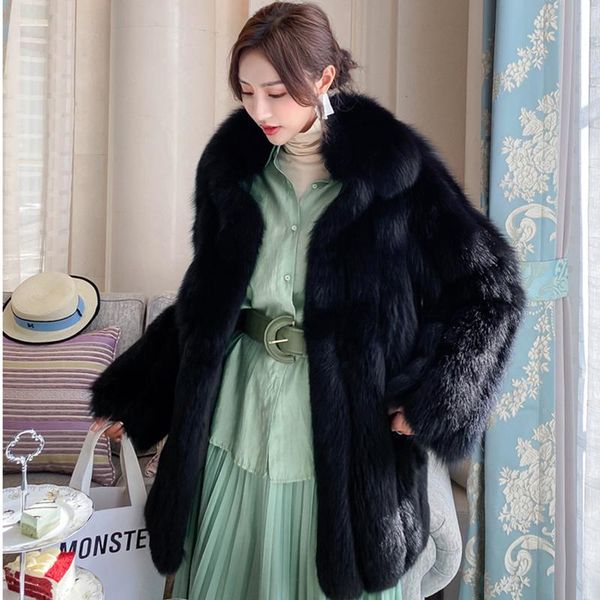 

women's fur & faux design short thicken natural coat warm solid streetwear coats 2021 fashion genuine, Black