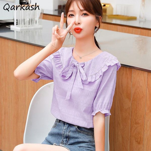 

women's blouses & shirts women streetwear mujer summer fashion temperament blusas 2021 bow design sweet style short sleeve pure student, White