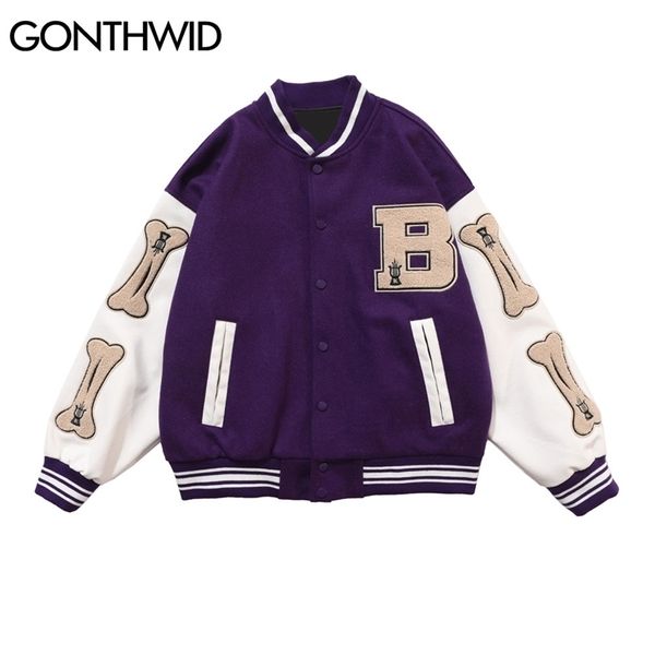 

hip hop bomber jacket streetwear vintage embroidered letter furry bone patch varsity baseball coat mens autumn green black 211214, Black;brown