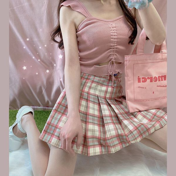 

harajuku goth new plaid women's skirt will see 2021 korean upper waistline schoolgirl streetwear clothes m1bi, Black