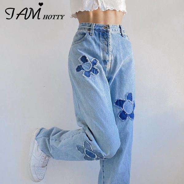 

women's jeans ripped floral patchwork y2k mom women baggy high waist straight denim trousers aesthetic cargo pants streetwear iamty, Blue
