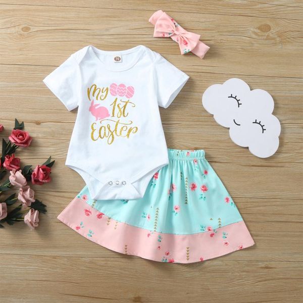 

easter baby sets newborn baby boy girl clothes letter romper tutu floral skirt headbands 3pcs toddler kids outfits set, White