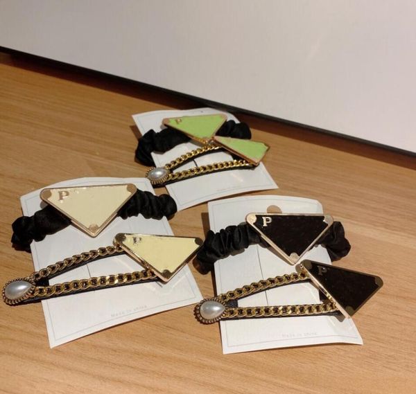 

women luxury designer letter printing hair clips mixed color metal chain triangle sign nitted fabric hairpins fashion girl large intestine h, Golden;silver