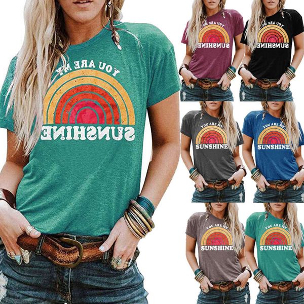 

2021 spring men's rainbow letter printed round neck short sve t-shirt, Black;white