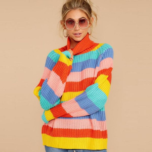 

women's sweaters long sleeve high knitting ladies pullovers striped splicing rainbow sweater turtleneck oversize sweet, White;black