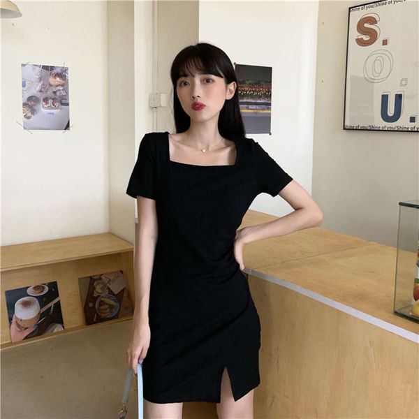

casual dress summer fashion mid long slim short sleeve t-shirt women's care machine design split dress, Black;gray