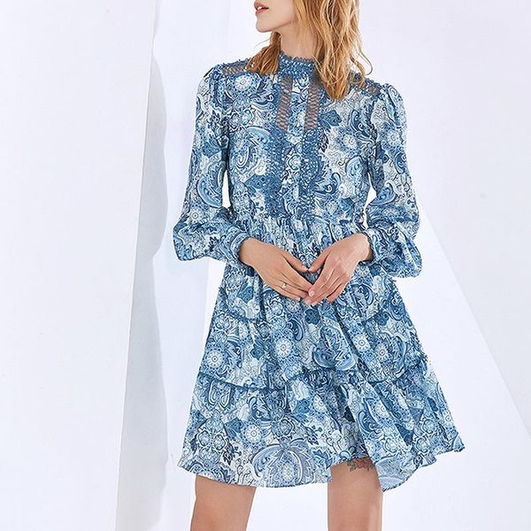 

new fashion spring autumn 2021 elegant stand collar lantern sleeve print patchwork high waist dress women dresses 8s1x, Black;gray